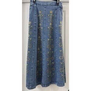 Young Threads Denim Hand Embroidered Western Maxi Skirt A-line pockets Cotton S